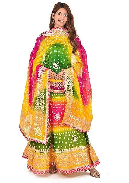 Women's Rajasthani Traditional Bhandej Hand Gota Patti Work Lehnga Choli Chunni Set-image-3