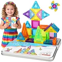 Magnetic Tiles 42pcs Travel Toys for Kids Toddlers, MINI Magnetic Building Blocks Set with Iron Box Base, Magnet Game, Plane Activities, Christmas Birthday Gifts for 3+ Years Girls Boys