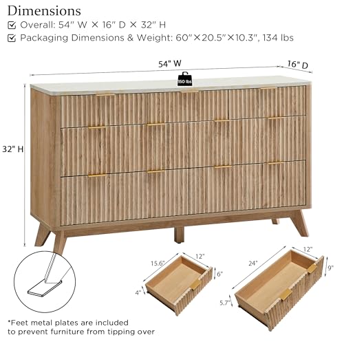T4TREAM Fluted 7 Drawers Dresser, 54" Wide Modern Chest of Drawers with Faux Marble Top, Curved Profile Design, Dresser TV Stand, Wood Drawer Organizer for Bedroom, Living Room, Hallway, Natural Oak - Image 2