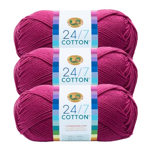 Image of Lion Brand Yarn, 24 /7 Cotton Mercerized Lightweight Yarn for Knitting, Crochet, and Crafts, Rose, 3 Pack, 185 Yards of Natural Fiber for Breathable Tops, Durable Bags, and Easy-Care Dish Cloths | Light Worsted 100% Mercerized Cotton Yarn for Crochet, Knitting, Craft, 185 Yards of Natural Fiber for Tees, Bags, Dishcloths