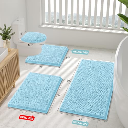 Smiry Luxury Chenille Toilet Rugs U-Shaped 20x20, Soft Absorbent Non-Slip Contour Bathroom Rugs for Toilet, Machine Washable Contoured Bath Mats, Sky Blue