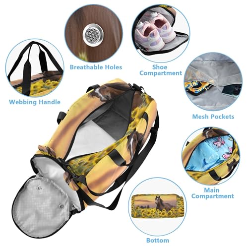 Horse Youth Sports & Travel Duffle Bag with Shoe Compartment,Waterproof Gym Bag for Girls and Boys (Overnight Essentials Organizer)4