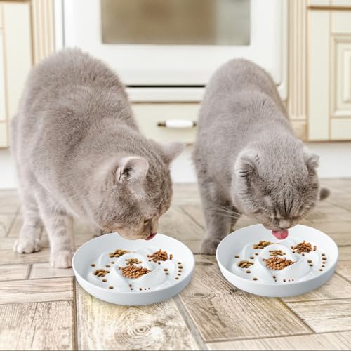 Amexo Anti Schling Napf Katze,16x16cm Interaktiver Pet Fressnapf, Katzen Näpfe Langsam Fütterung mit Hohen Rändern, Reduziert Verschlucken und Überessen Slow Feeder für Katzen und kleine Hunde, Weiß