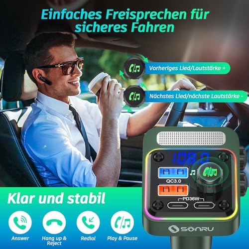 SONRU FM Transmitter Auto Bluetooth 5.3 Adapter Auto, Bass & HiFi Stereo Freisprechanlage für Auto...