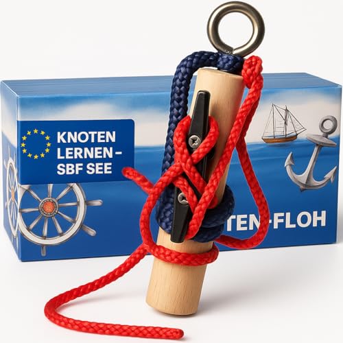 Knoten Übungsset Seemannsknoten Knoten−Floh – Knotentrainer aus Holz mit Klampe und Tauwerk, für Bootsführerschein SBF See & SBF Binnen, inkl. Knotentafel und Anleitung