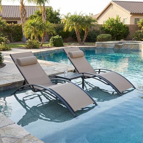 PURPLE LEAF Patio Pool Lounge Chaise Set of 3 Outdoor Lounger Chair, Taupe