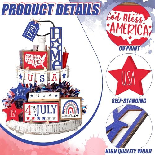 Image of FairySandy 13 Pieces 4th of July Tiered Tray Decor Autumn Patriotic Table Decor Wood Signs Independence Day Red White Blue American Decorations for Memorial Day 250th Anniversary Party Farmhouse Home