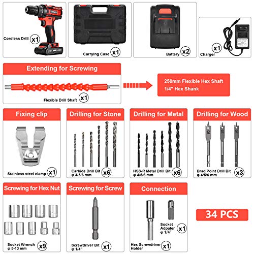 runhua Akkuschrauber 21V, Akku-Bohrschrauber mit 2 1500mAh Akkus, 2 Variable Drehzahlen Schlagbohrmaschinen, 28… – Bild 8