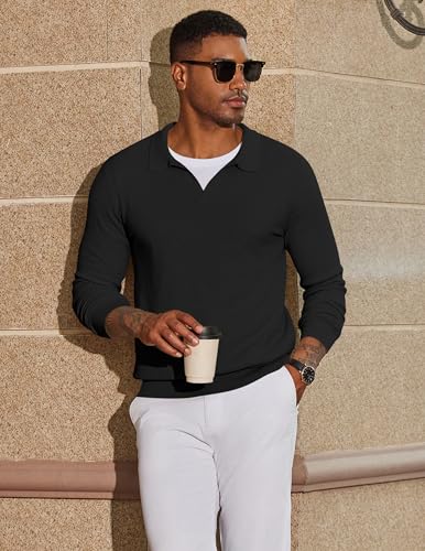 COOFANDY Men's Knit Polo Sweater Long Sleeve V-Neck Pullover Sweaters Casual Collared Ribbed Knitted Polos3