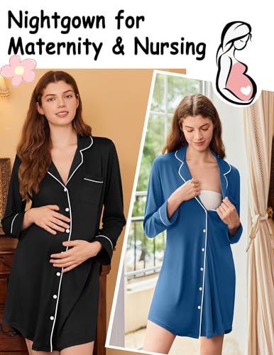 Image of Ekouaer 2 Pack Nightgowns for Women Long Sleeve Night Shirt Button Down Sleep Shirt V-Neck Sleep Dress Pajama Sleepwear