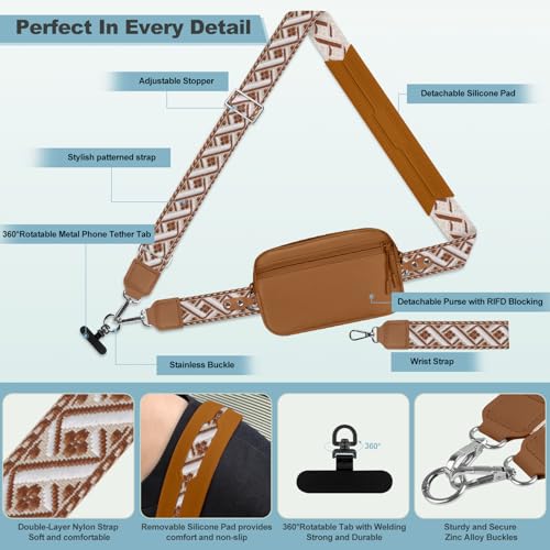 Image of YFWE Clip and Go Strap for Phone with Wallet Crossbody, Adjustable Phone Lanyard with Detachable RFID Wristlet Wallet, Pattern Strap - Bronze(L)