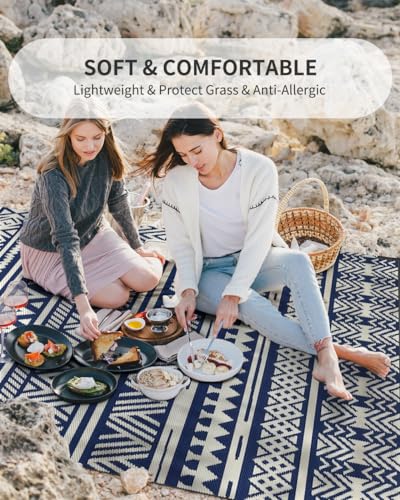 MontVoo-Outdoor Rug Carpet Waterproof 5x8 ft Reversible Patio Rug RV Camping Rug-Plastic Straw Rug Outside Indoor Outdoor Area Rug for Patio Deck Balcony Picnic Beach Outdoor Decor Boho Navy Blue - Image 6