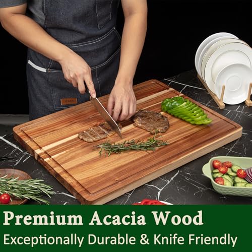 GarveeHome 20x15 Large Acacia Wood Cutting Board, 1.5" Thick Butcher Block Cutting Board with Deep Juice Groove, Chopping Board with Side Handles for Meat, Vegetables and Fruit