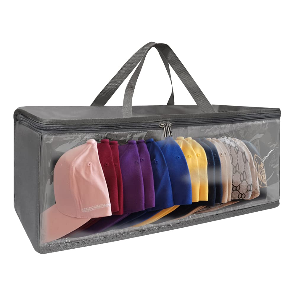 ohihuw Hat Organizer for Closet, 8.6" Width Widened Design, Large Hat Box, Baseball Cap Storage Bag with Carrying Handles & Lid, Solid Structure with Plastic Boards (Dark Gray)