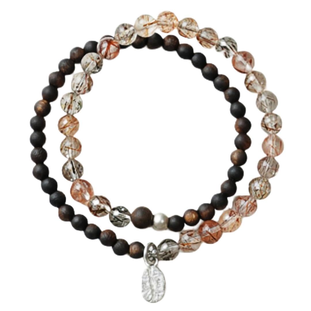 Pulsera Cuentas Pulsera De Doble Círculo De Madera Agar Y Cuarzo Rutilado Negro 5mm Serie Negra