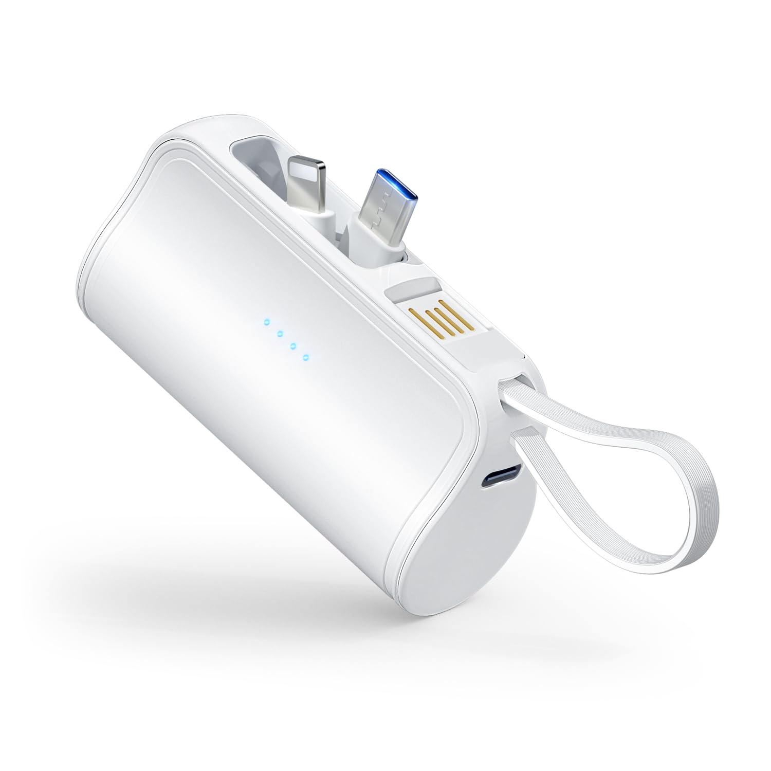 モバイルバッテリー 軽量 小型 5000mAh 【改良モデル& MFi認証済み】携帯バッテリー Lightningコネクター & type-c コネクター内蔵 蓄電用ケーブル内蔵 直接充電 スマホ充電器 急速充電 コンパクト隠しスタンド搭載 持ち運び便利 98.5gコードレス旅行/出張PSE認証済み iPhone/Android/iPad/AirPodsなど各種対応 (ホワイト)