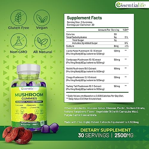 Essentialife Lions Mane Mushroom Supplement | 5-in-1 Mushroom Gummies with Turkey Tail, Cordyceps, Reishi, Chaga Extract | Brain Focus and Immune Support for Women Men, Raspberry Flavor, 60 ct - Image 5
