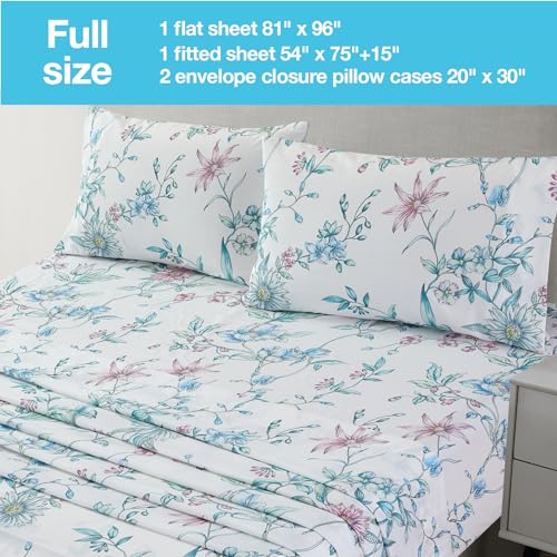 Image of JSD Pink Blue Floral Printed Full Sheet Set Extra Deep Pocket | 4 Piece Soft Botanical Microfiber Sheets, OEKO-TEX Certified, Easy Care