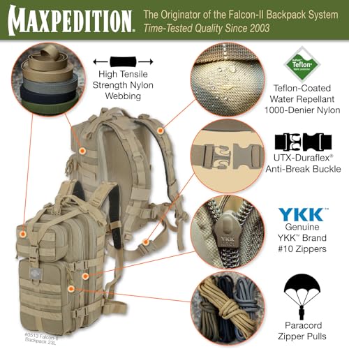 Image of MAXPEDITION Falcon-II Backpack, 23L Tactical Backpack, Survival Pack, Bug Out Bag, MOLLE Go Bag for EDC, 0513