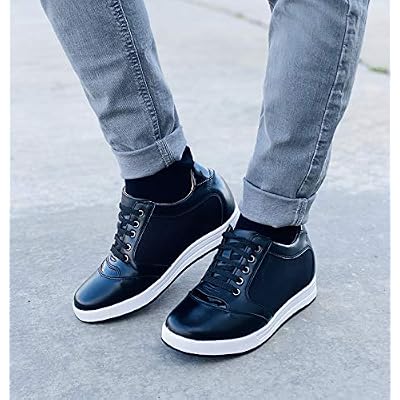 TOTO Men's Invisible Height Increasing Elevator Shoes - Black Leather/Mesh Lace-up Casual Fashion Sneakers - 3.2 Inches Taller - A53272 - Size 6 D(M) US