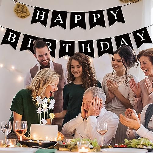 Hooqict Black Happy Birthday Banner Sign for Backdrop Black Birthday Decorations for Men Women Party Supplies Wall Door Banner Garland Bunting Flag