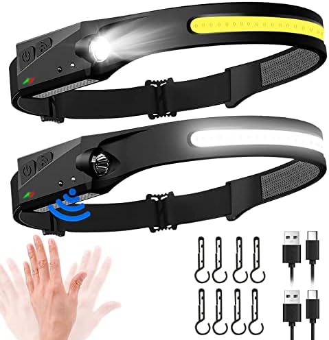 Rechargeable Headlamp 2 Pack, 230° Wide Beam LED Head Lamp with Motion Sensor, 1000 Lumen Bright Headlight for Adults & Kids, Hardhat, Camping, Running, Hiking