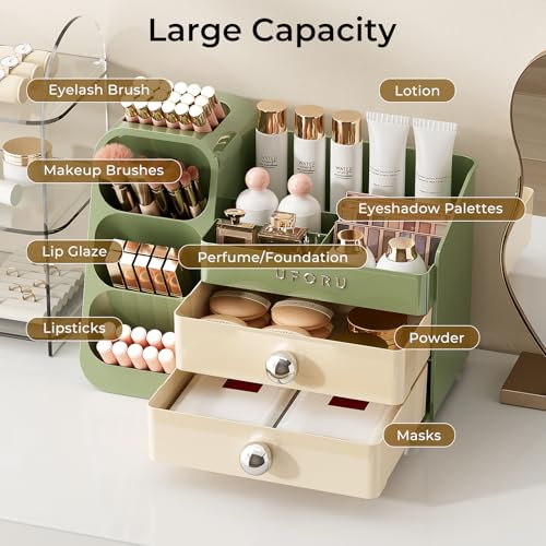 Image of UFORU Makeup Organizer for Vanity with Brush Holder, Large Capacity Bathroom Countertop Skincare Organizer with 2 Drawers, Cosmetic Display Case for Perfumes, Eyeshadow Palettes, Nail Polishes