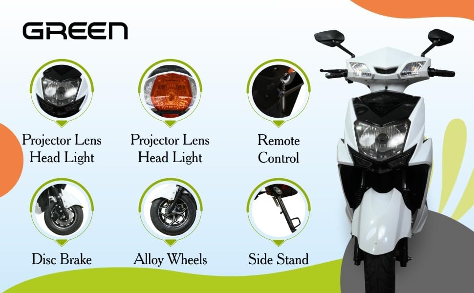 Image of Green Invicta Low Speed Electric Scooter Non RTO 80KM Range Lithium Battery with Portable Charger (White)