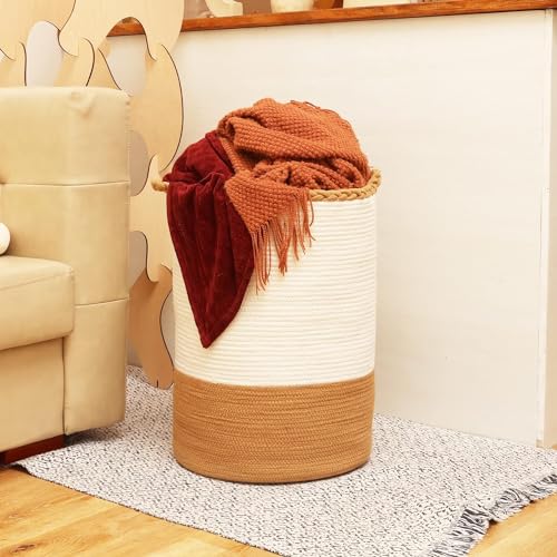 Image of ALBY Woven,Tall Wicker Laundry Basket for Blankets,Clothes,Pillows,Toys,Shoes Large Cotton Laundry Hamper for Bedroom Living Room Bathroom Nursery (72L /Extra Large16 inchD x 22 inchH, WhiteA)