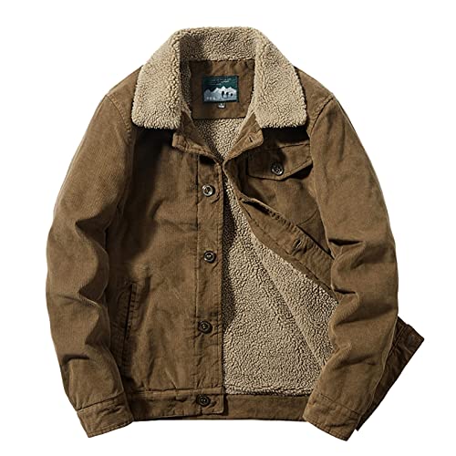 Mens Corduroy Jacket Sherpa Lined Fleece Trucker Jackets Winter Vintage Solid Button Down Flannel Warm Cowboy Coat