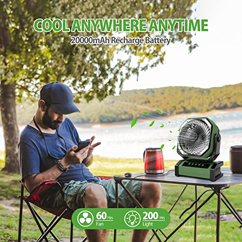 Addacc 20000Mah Rechargeable Floor Fan, Battery Operated Camping Fan With Light & Remote, 4 Speed Run Upto 60Hrs, 90° Auto Oscillating Portable Tent Fan For Outdoor Trip Rv Power Outage Shop Garage #TOP1