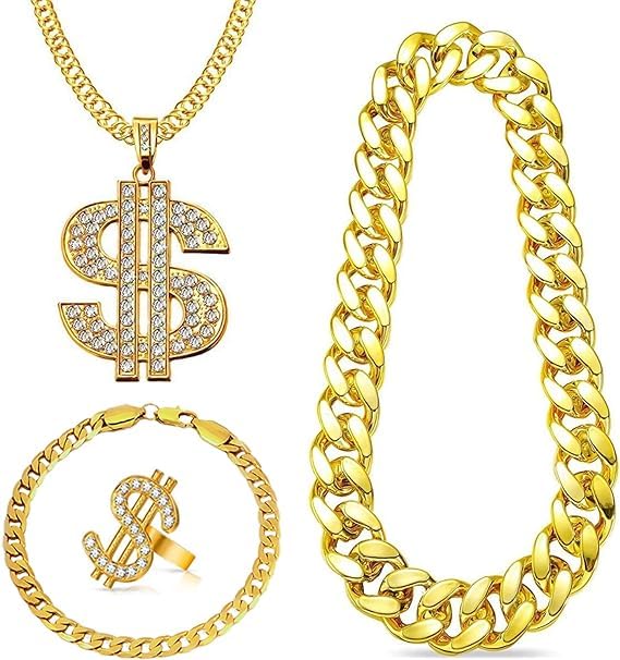 4 Pièces Kit de Costume Hip Hop, Accessoires de Rappeur des Années 80/90 avec Chaîne d'or Signe de Dollar Collier Bague Bracelet, Unisexe Accessoires Hip Hop pour...