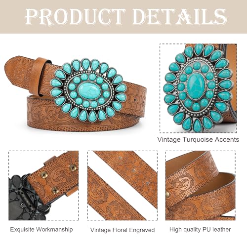 Women Men Country Western Turquoise Belts, Embossed PU Leather Retro Cowgirl Belts for Jeans Dresses Pants4