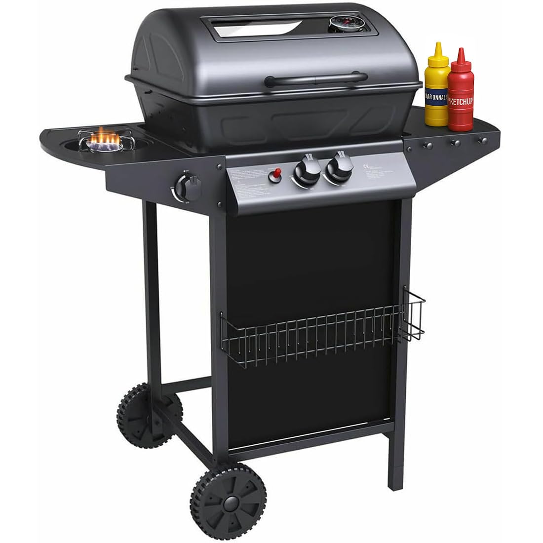 Bakaji - Barbacoa de gas y piedra volcánica con 2 fuegos, parrilla de acero inoxidable con superficie de apoyo y hornillo lateral, 2 ruedas y tapa Grill BBQ para exterior, jardín, terraza
