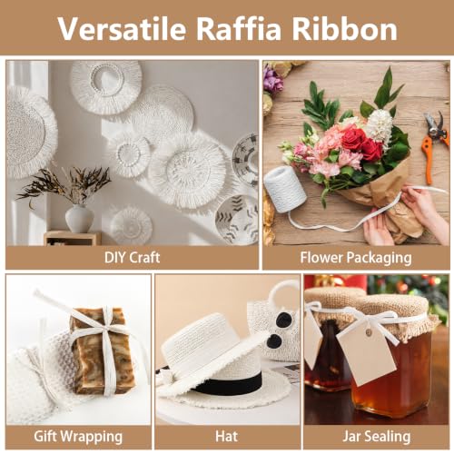 Image of BEVTEE 436 Yards Raffia Yarn for Crochet, Ribbons for Crafts, White