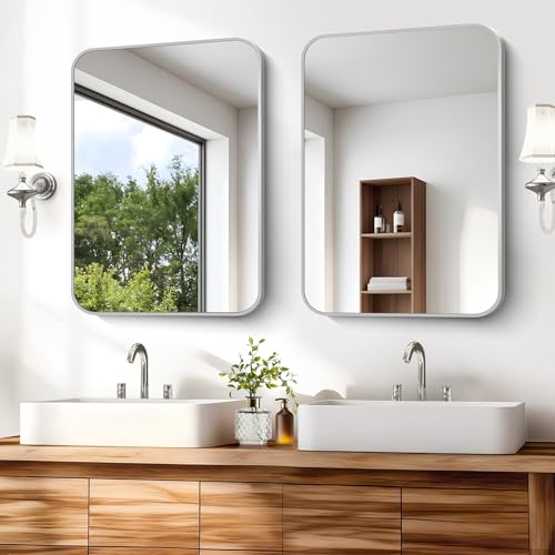 Image of Silver Bathroom Mirror, 18 x 24 Inch Rectangle Mirrors for Wall, Rounded Corner Metal Framed Wall Mounted Mirror for Over Sinks Living Room Bedroom Entryway Hangs Horizontal /Vertical