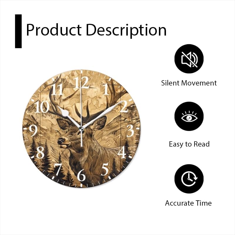 Battery Operated Round Wall Clock Non-Ticking Silent Analog Clcok Decorative for Living Room,Office,Kitchen-Deer with Large Antlers in A Mountainous Landscape(14inch)