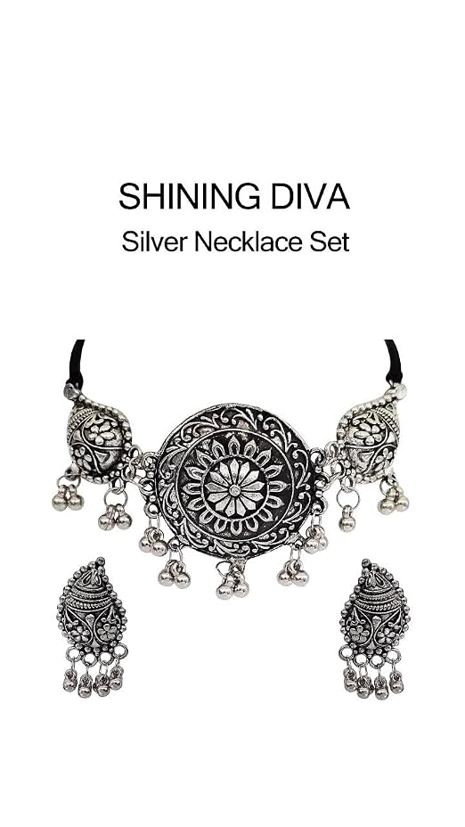 Shining Diva Oxidised Silver Traditional Necklace Jewellery Set For Women - Boho Afghani Style Choker With Earrings - View #6
