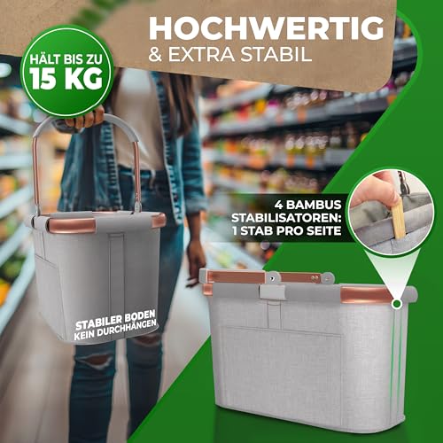 Cottara® 30l stabiler Einkaufskorb groß | Tragekorb mit Henkel und verstärktem Boden, Frontfach und Innentasche mit Reißverschluss | Ideal als Einkaufstasche, Picknickkorb oder Shopper (Hellgrau Rose)