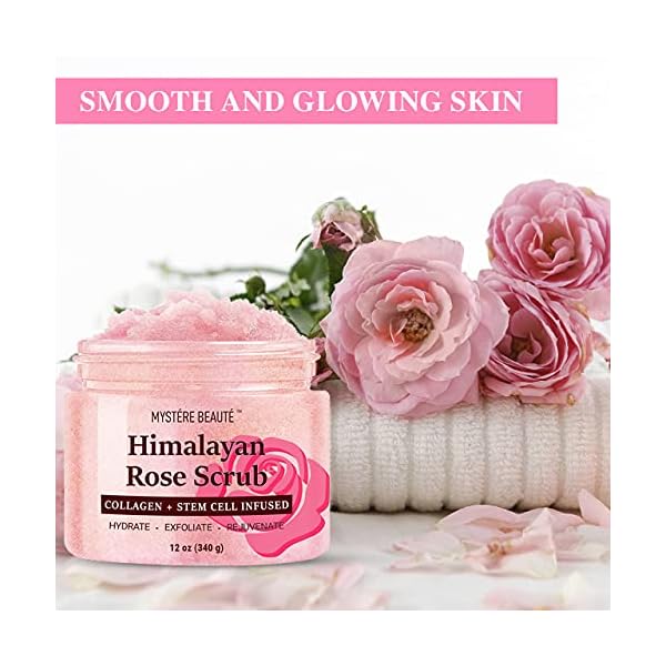 Mystere-Beaute-Himalayan-Salt-Body-Scrub-Infused-with-Collagen-and-Stem-Cell-Exfoliating-Salt-Scrub-with-Rose-and-Mica-Deep-Cleansing-Scrub-for-Acne-Scars-Wrinkles-Exfoliates-and-Moisturizes-Skin-12-o MYSTÃRE BEAUTÃ Himalayan Salt Body Scrub 12 oz - with Collagen and Stem Cells - Exfoliating Salt Scrub for Cellulite - Deep Cleansing for Acne, Scars, Wrinkles - Moisturizes Skin