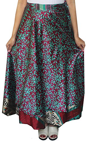 Maple Clothing Women's Indian Vintage Silk Sari Magic Wrap Around Skirts Long Boho Two Layers Multicolored4