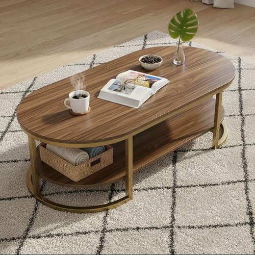 Image of RIZIK Stores Coffee Table - Modern 2-Tier Center Table with Engineered Wooden Top & Metal Frame, Living Room Sofa Table, Elegant Cocktail Table for Home, Office, Dining (Brown Gold)