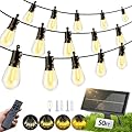 FUANXIEI Solar Lights Outdoor Patio Lights: S14 15M 50FT Solar Powered Remote Control 3 Light Modes Dimmable Solar Waterproof Light - Shatterproof Bulbs - Camping Backyard Garden Deck Outside Yard