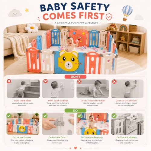 Image of 16 panel Playpen for Babies 0 to 5 year with Mat and Balls Foldable Baby Play Area Indoor Setup Play Yard Fence for Toddlers Kids Playarea Setup Outdoor Children Play Pen with Gate Baby Playpen (4.9 x 6.2 ft=31 SQFT, Multicolor)