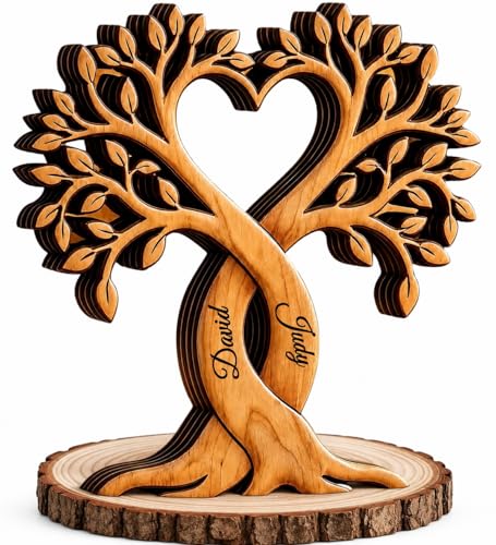Personalized Couple Heart Tree Wooden Block, Wedding Anniversary Keepsake, Custom Engraved Names Wooden Tree Decor, Anniversary Heart Gift for Couple, Romantic Tabletop Plaque for Wife Husband, Engagement, Valentine’s Day,