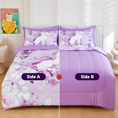 Image of Twin Bedding Set for Girls 5 Piece Purple Unicorn Comforter Set for Girls Super Soft Microfiber Bed Set Bed in a Bag with Comforter Sheets Pillowcase & Sham (5 Piece Twin Size)
