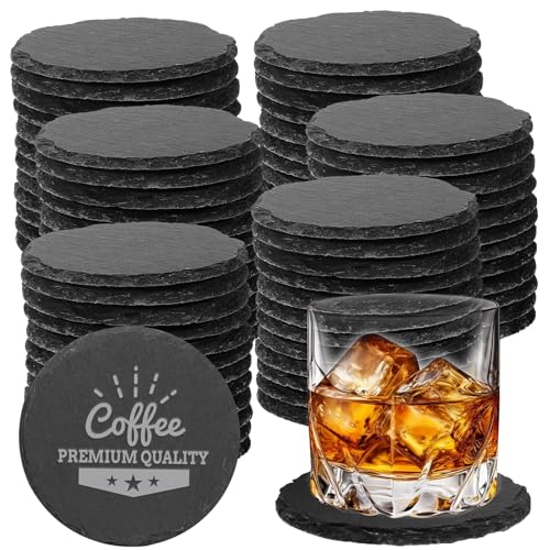 72 PCS Black Natural Slate Coasters Bulk Set 4 Inch Laser Engraving Blanks with Anti Scratch Bottoms for Home Office Bar Gifts Round Coasters