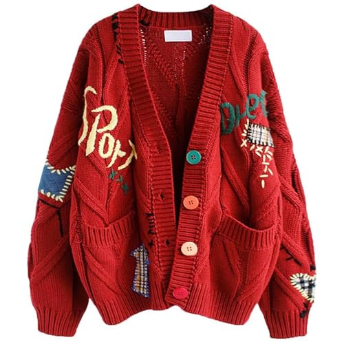 Image of Women's Cable Knit Open Front Cardigan V-Neck Button Down Embroidery Wool Blend Sweater Coat(red,XXL)