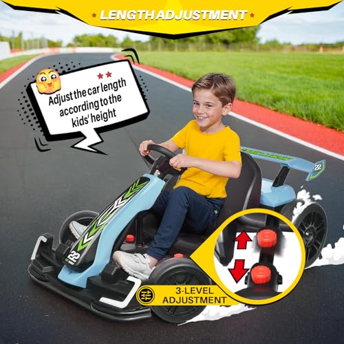Blitzshark 24V Kids Go Kart 300W Powerful Drift Kart Electric Pedal Kart Outdoor Race Toy, with 2X150W Strong Motor, 7AH Big Battery, Drift/Sports Mode, EVA Tire, Brake Pedal, Length Adjustment, Blue
