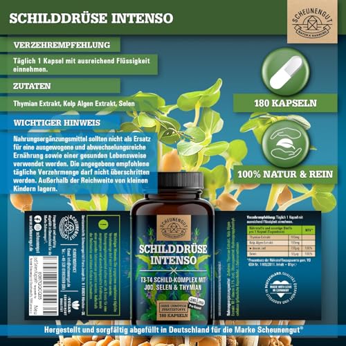 SCHILDDRÜSE INTENSO® Selen Jod Tabletten - WICHTIG: Laborgeprüfter -Umwandler Schilddrüse- Komplex mit Selen, Jod (155µg pro Kapsel) und Thymian -Hochdosiert- Vegan DE SCHEUNENGUT®